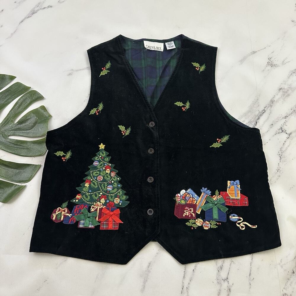 Casey & Max Womens Vintage 90s Christmas Vest Size L Velvet Embroidered Holiday